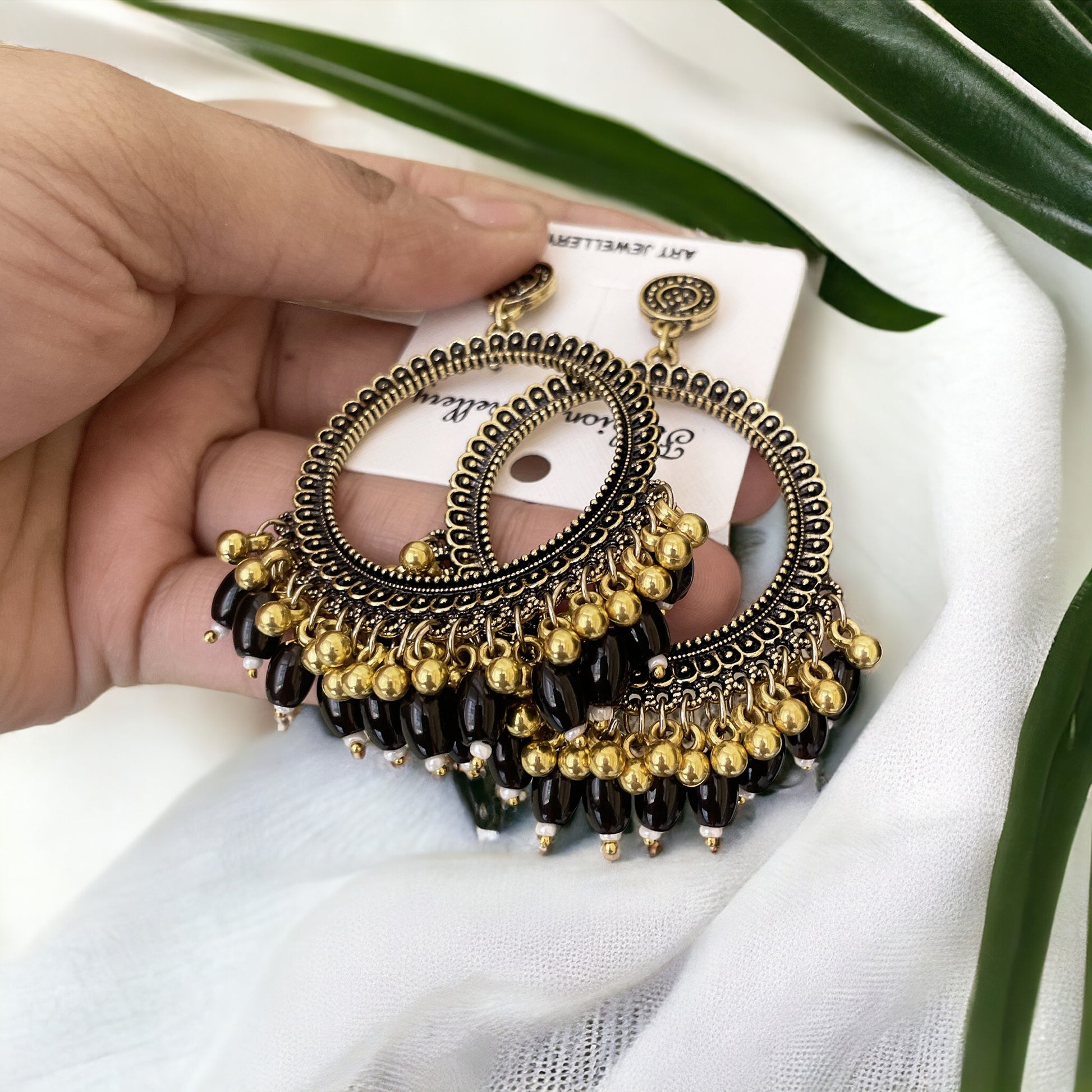 Golden Circle Oxidised Earring (Black Beads) - ClartStudios - Polymer clay Jewellery