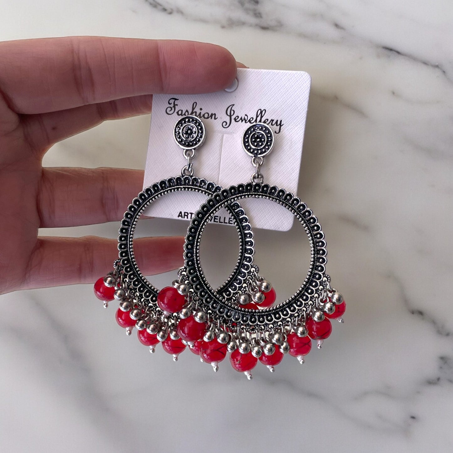 Silver Circle Oxidised Earring (Red Beads)