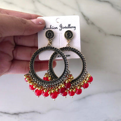 Golden Circle Oxidised Earring (Red Beads)