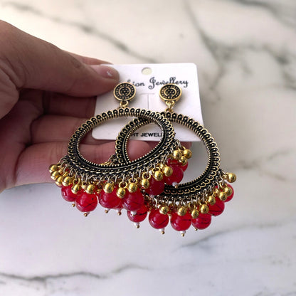 Golden Circle Oxidised Earring (Red Beads)