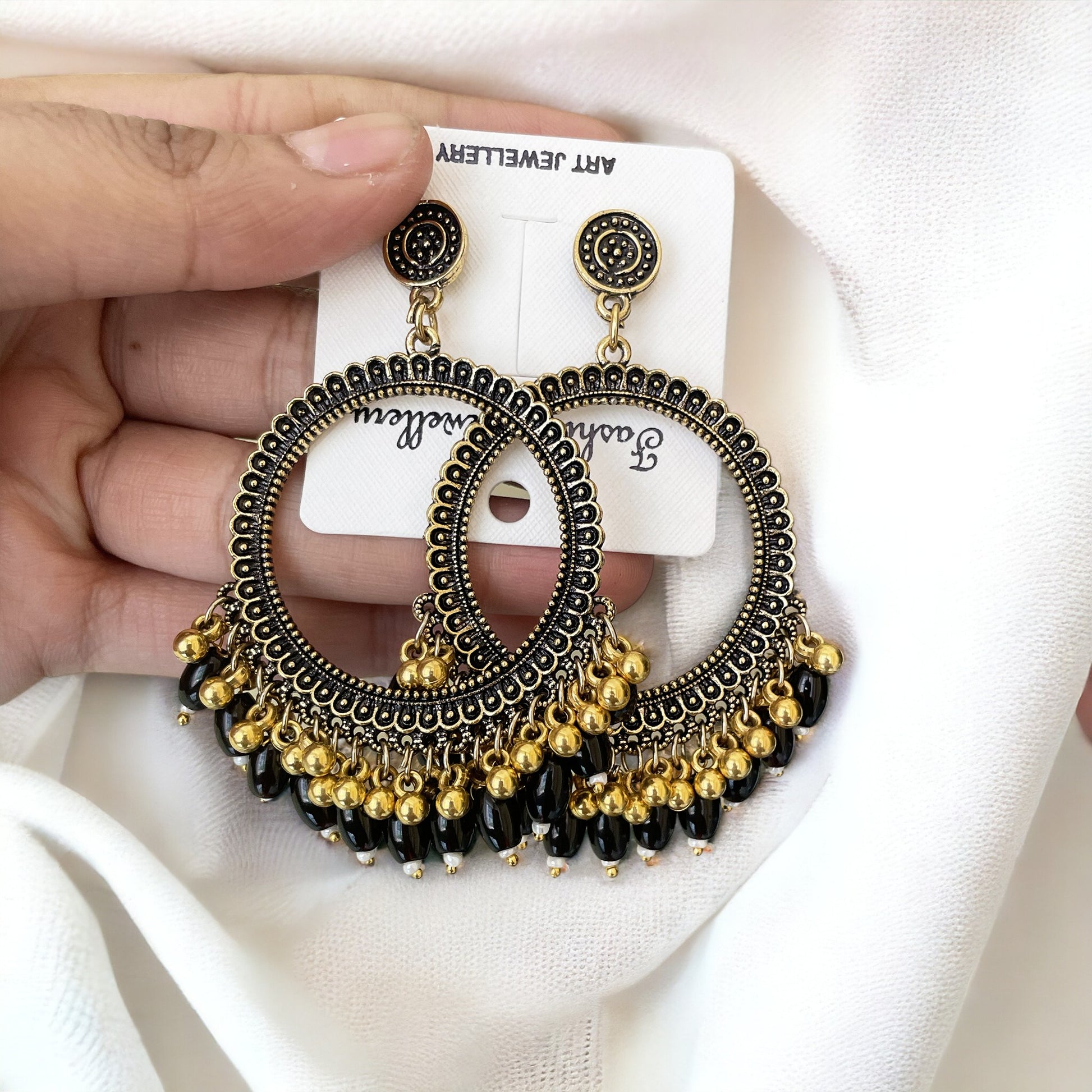 Golden Circle Oxidised Earring (Black Beads) - ClartStudios - Polymer clay Jewellery