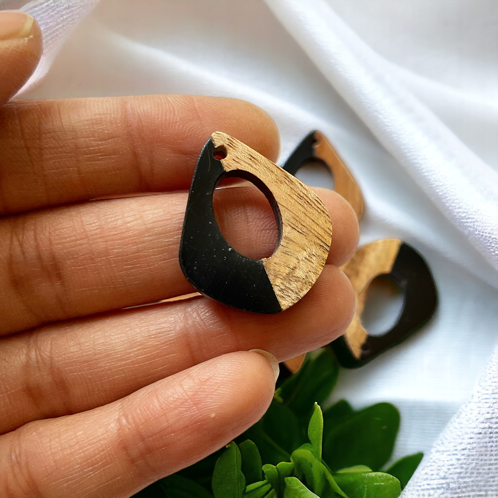 Black Resin and Wood Drop Charm - ClartStudios - Polymer clay Jewellery