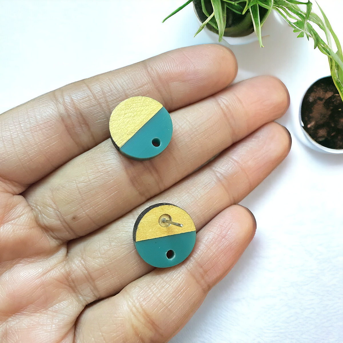 Wood and Teal Acetate Circle Stud Findings - ClartStudios - Polymer clay Jewellery