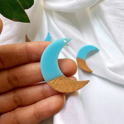 Sky Blue Resin and Wood Moon Charm - ClartStudios - Polymer clay Jewellery