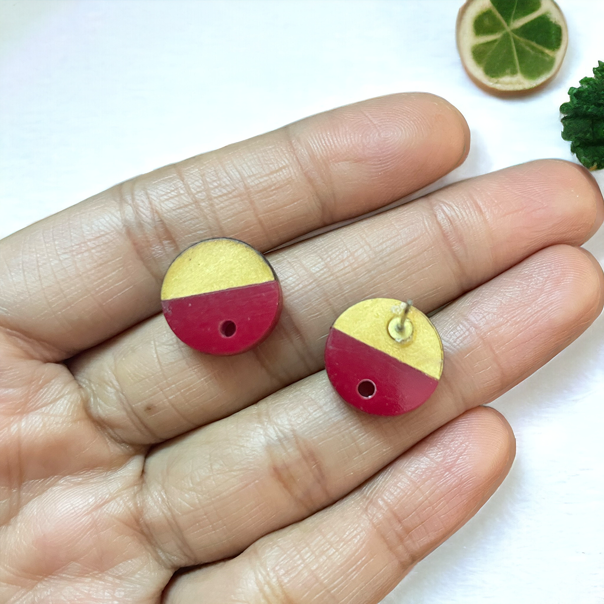 Wood and Red Acetate Circle Stud Findings - ClartStudios - Polymer clay Jewellery