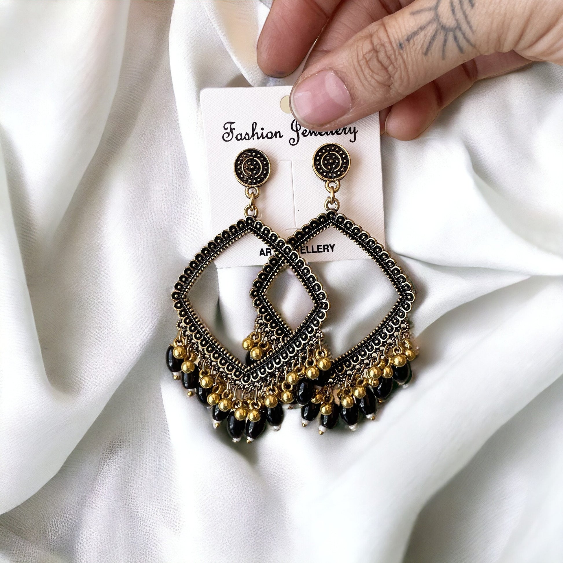 Golden Rhombus Oxidised Earring (Black Beads) - ClartStudios - Polymer clay Jewellery