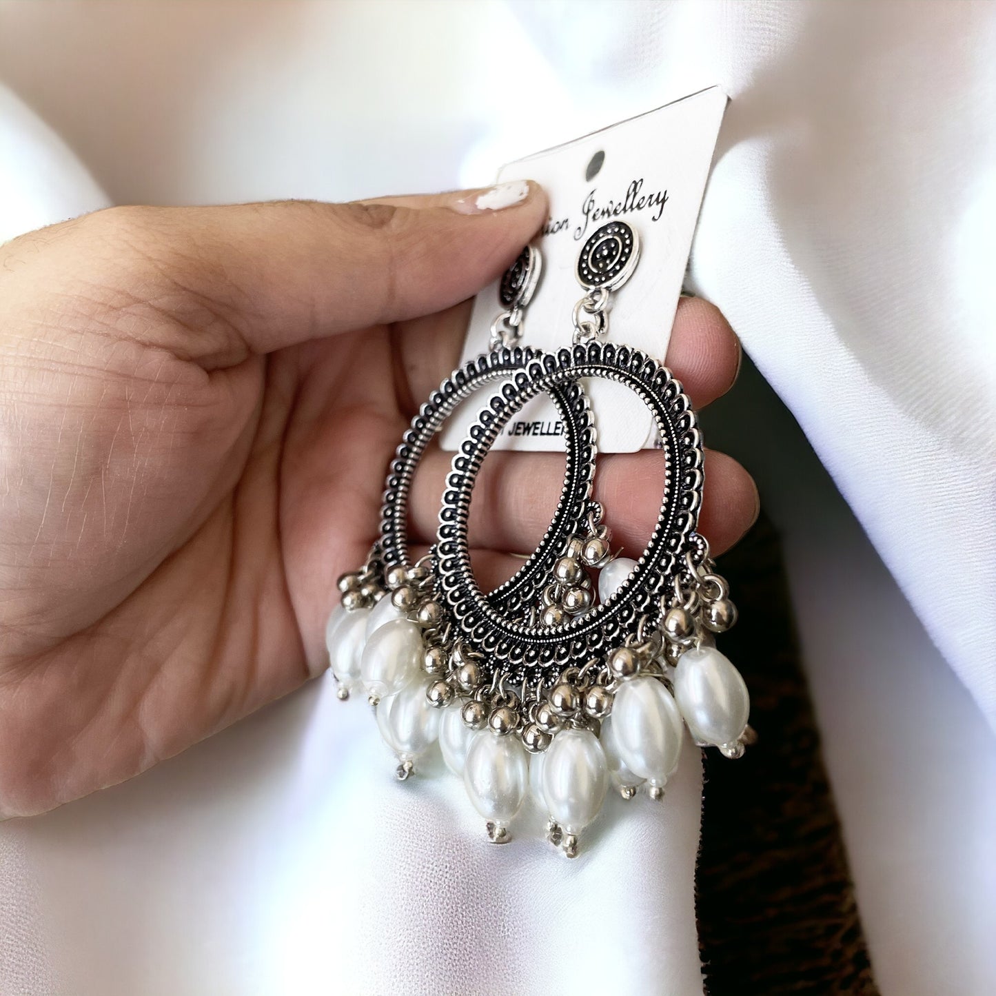 Silver Circle Oxidised Earring (Pearl Beads) - ClartStudios - Polymer clay Jewellery
