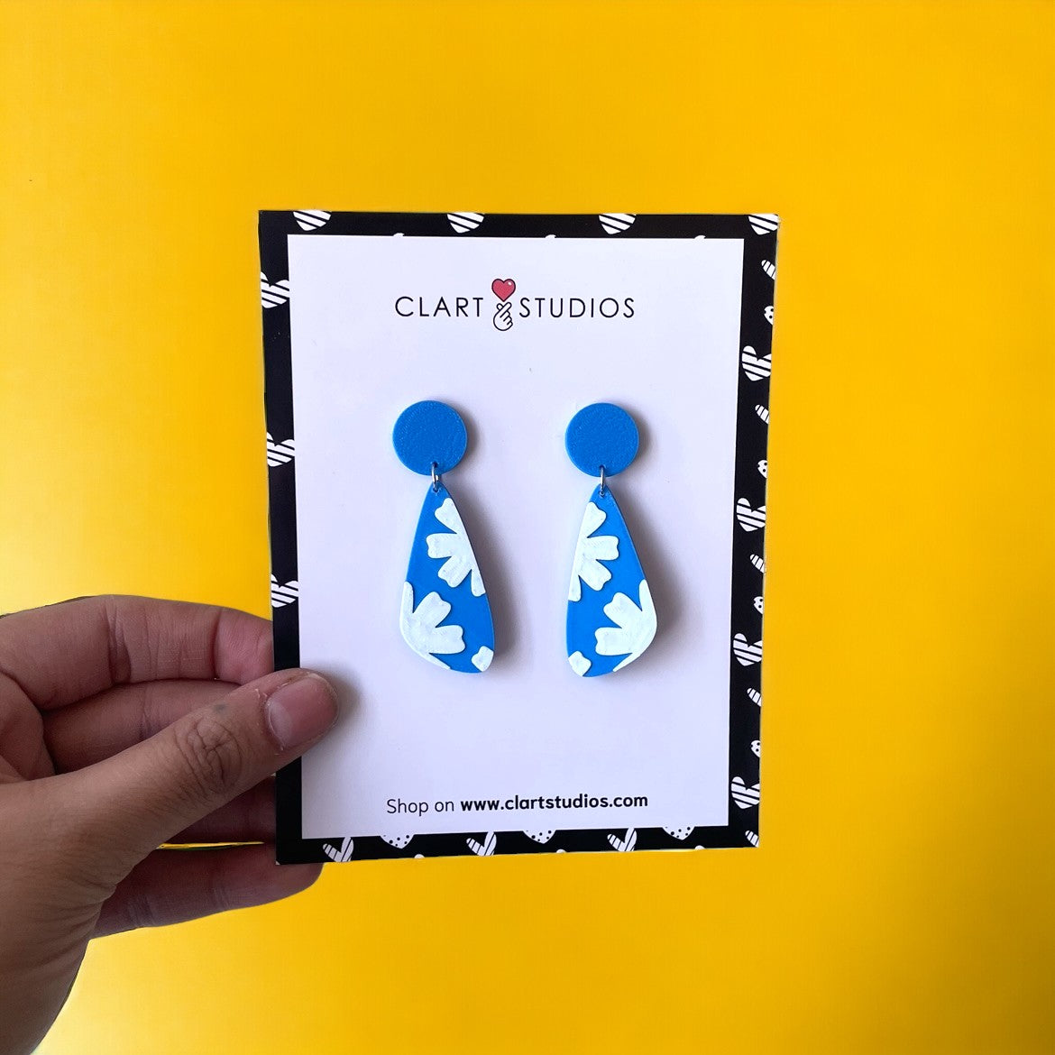 Blue Floral Pattern Dangle Stud Earrings - ClartStudios - Polymer clay Jewellery