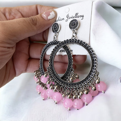 Silver Circle Oxidised Earring (Pink Beads) - ClartStudios - Polymer clay Jewellery