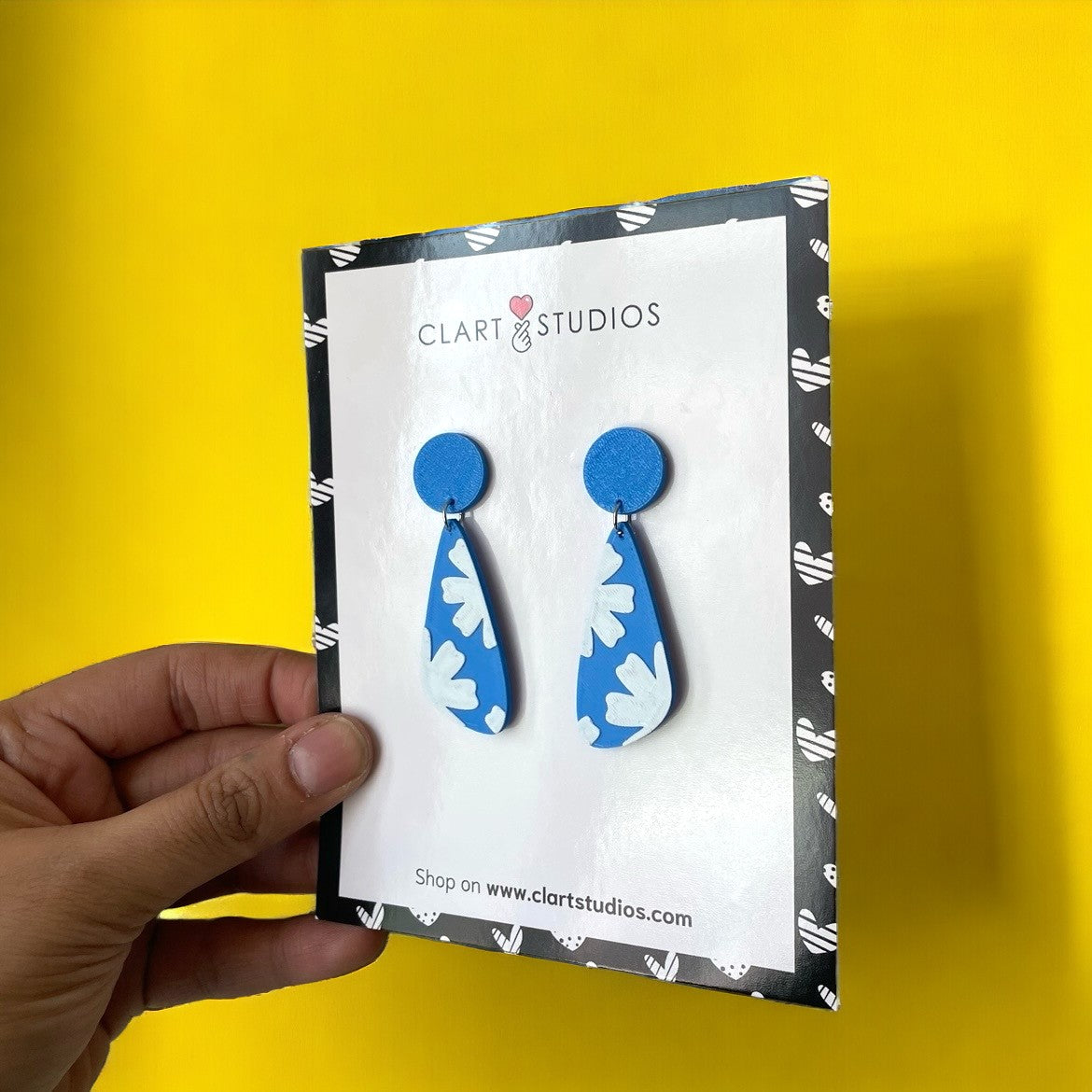 Blue Floral Pattern Dangle Stud Earrings - ClartStudios - Polymer clay Jewellery