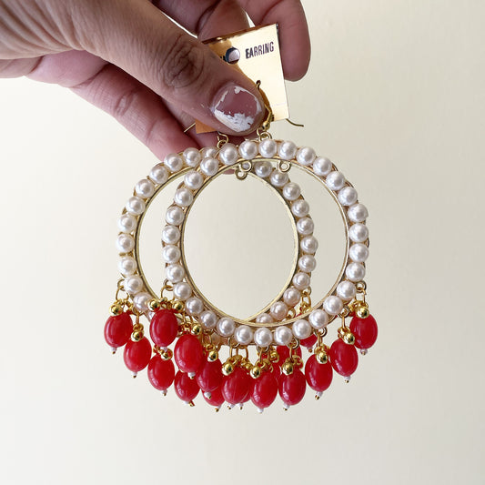 Pearl Golden Jhumka With Red Beads - ClartStudios - Polymer clay Jewellery