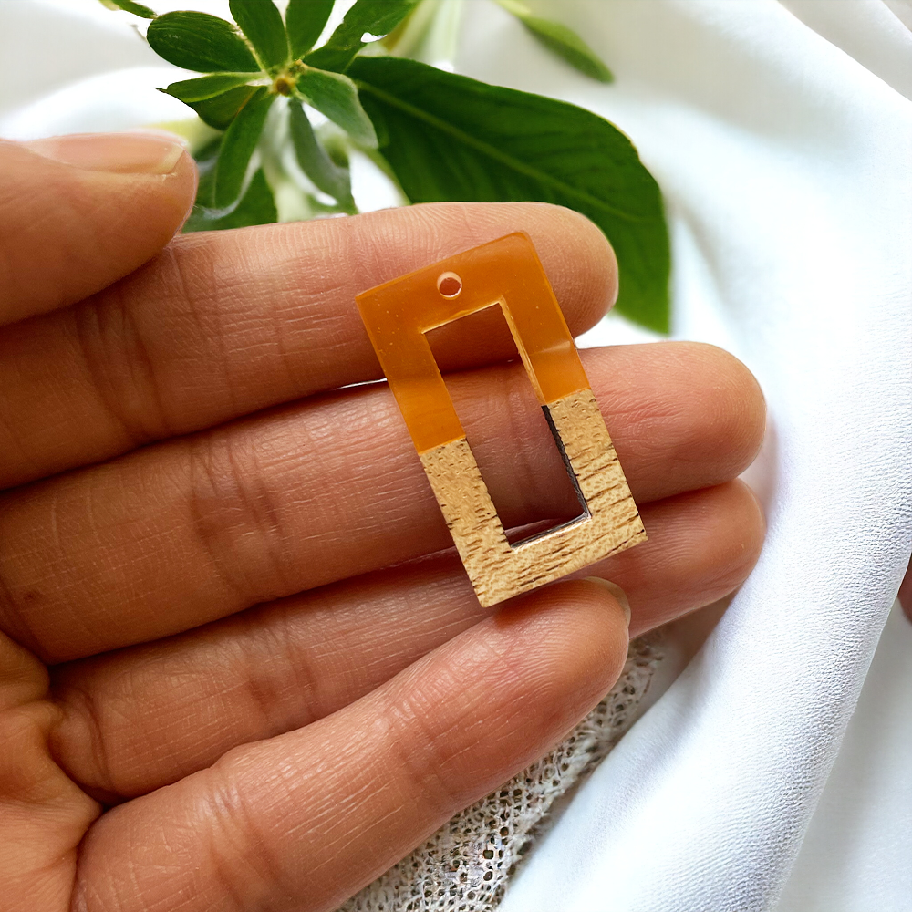 Orange Resin and Wood Rectangle Charm - ClartStudios - Polymer clay Jewellery