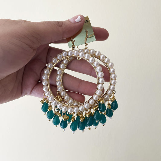 Pearl Golden Jhumka With Green Beads - ClartStudios - Polymer clay Jewellery