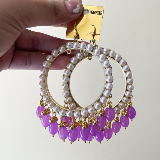 Pearl Golden Jhumka With Purple Glass Beads - ClartStudios - Polymer clay Jewellery
