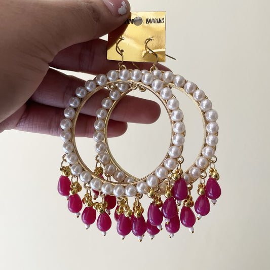 Pearl Golden Jhumka With Fushia Beads - ClartStudios - Polymer clay Jewellery