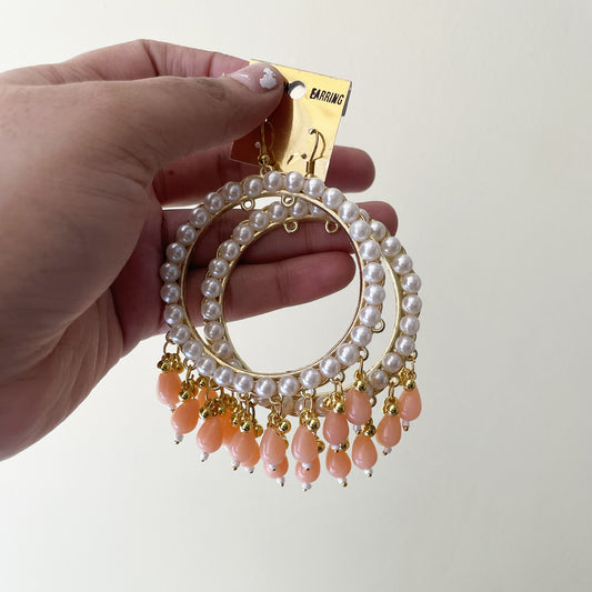 Pearl Golden Jhumka With Peach Beads - ClartStudios - Polymer clay Jewellery