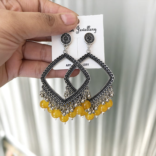 Silver Rhombus Oxidised Earring (Yellow Beads) - ClartStudios - Polymer clay Jewellery