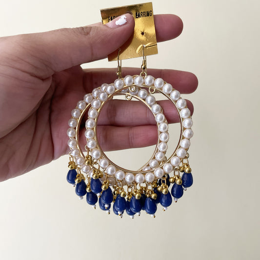 Pearl Golden Jhumka With Blue Glass Beads - ClartStudios - Polymer clay Jewellery