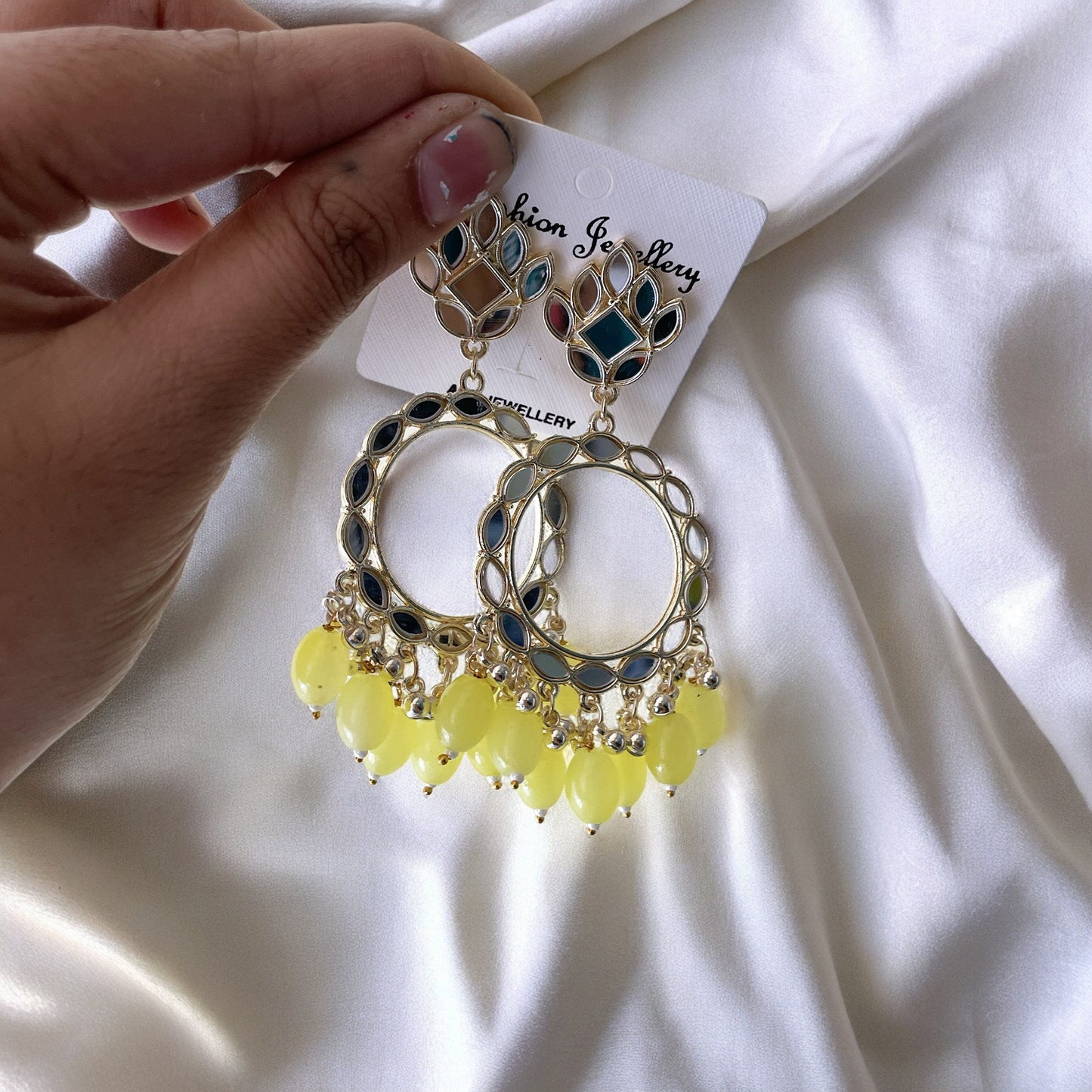 Lime Glass Beads Light Gold Mirror Earring