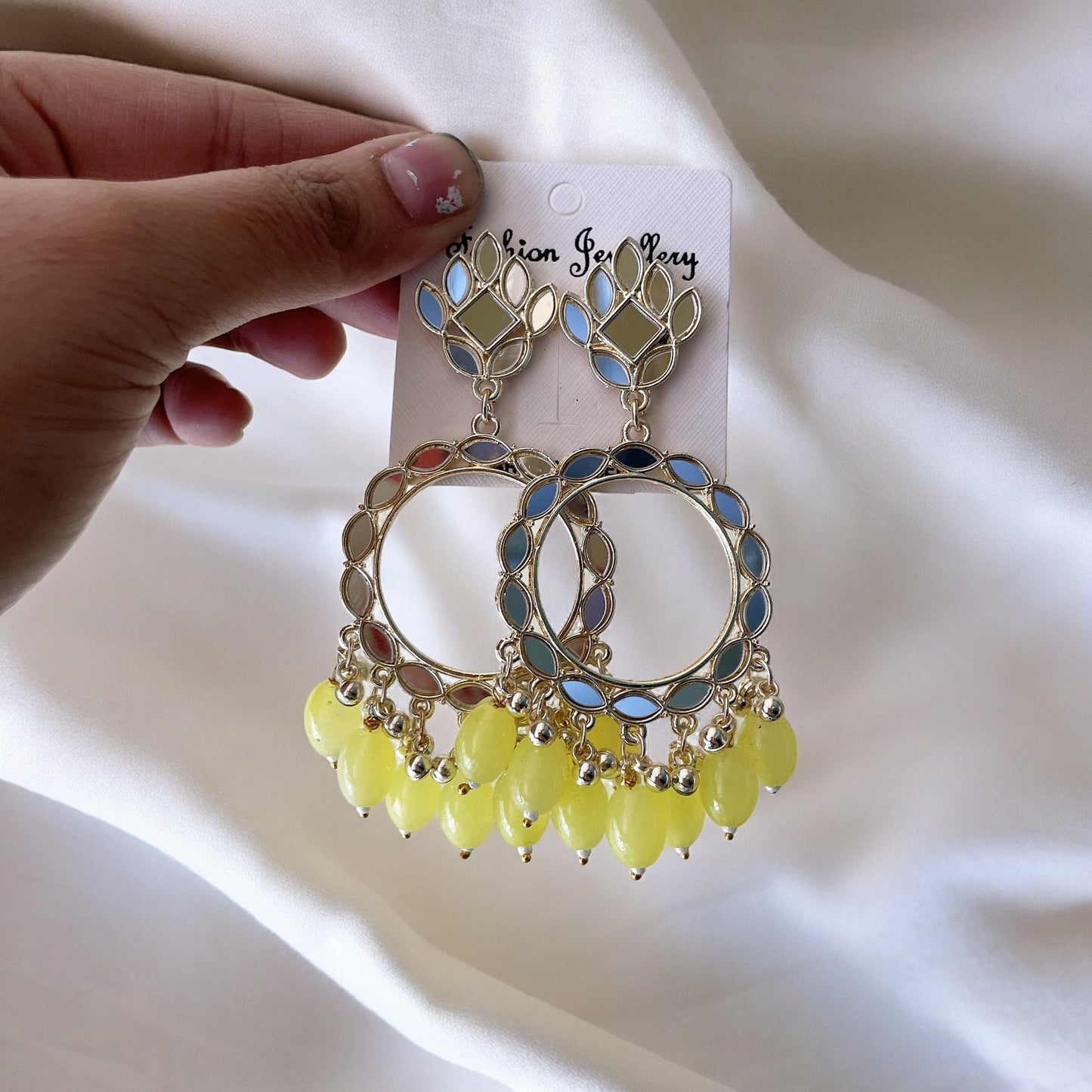 Lime Glass Beads Light Gold Mirror Earring