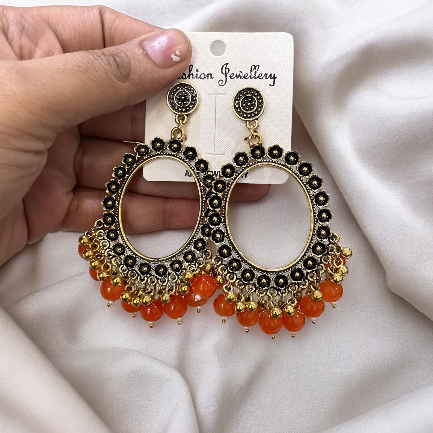 Golden Flower Oxidised Earring (Orange Beads)