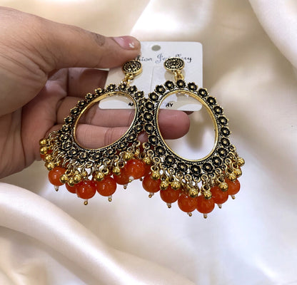 Golden Flower Oxidised Earring (Orange Beads)