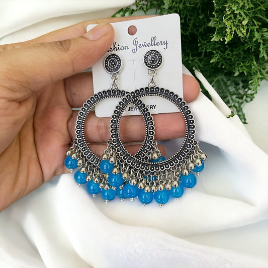 Silver Circle Oxidised Earring (Blue Beads) - ClartStudios - Polymer clay Jewellery