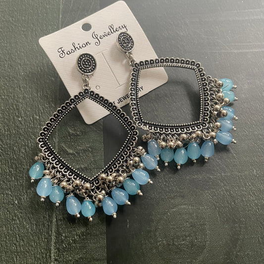 Silver Rhombus Oxidised Earring (Waterblue Beads) For Resin Art