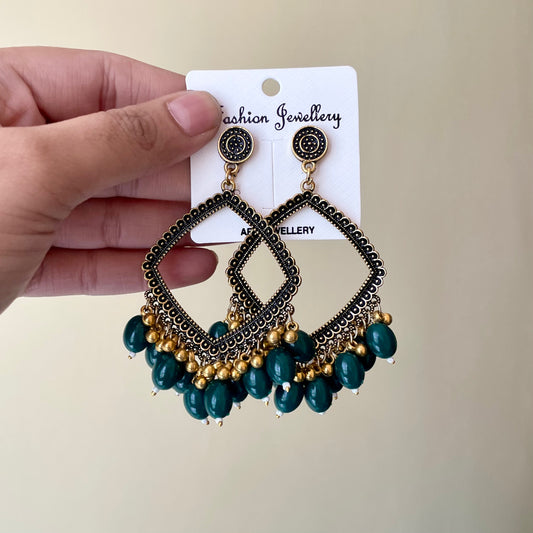 Golden Rhombus Oxidised Earring (Green Beads) For Resin Art