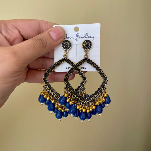 Golden Rhombus Oxidised Earring (Blue Beads) For Resin Art