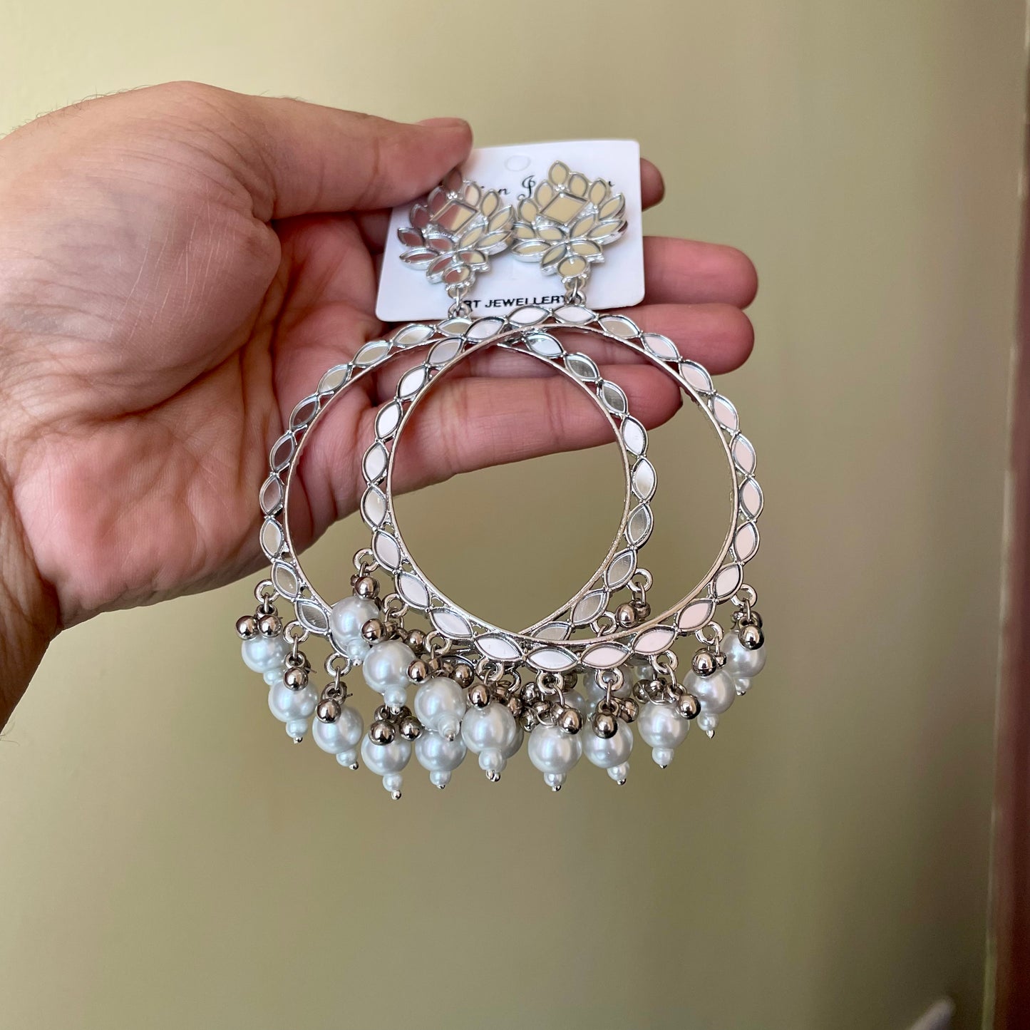 Silver Mirror Earring With Pearl Beads for Resin Art