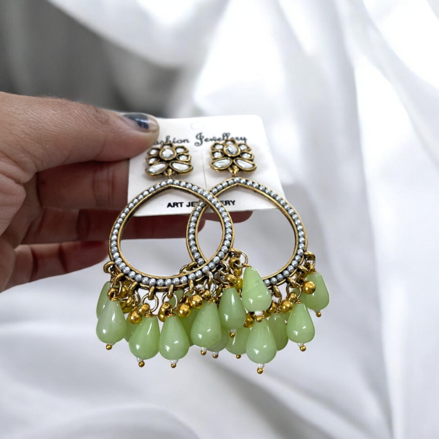 Light Green Glass Beads Drop Jhumka With Pearl Bezel For Resin Art