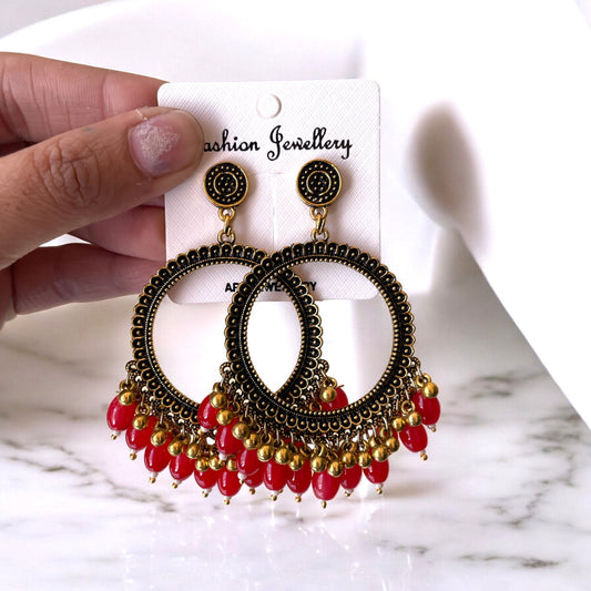 Golden Circle Oxidised Earring (Red Glass Beads) for Resin Art