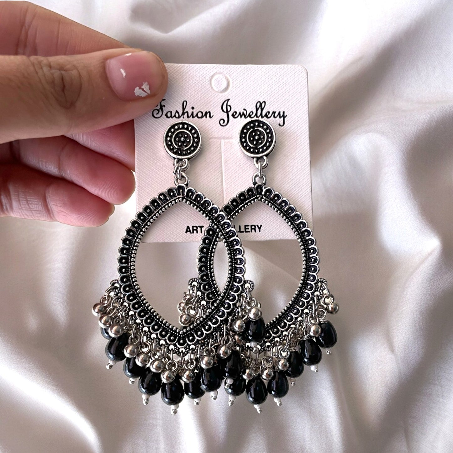 Silver Motif Oxidised Earring (Black Beads) For Resin Art