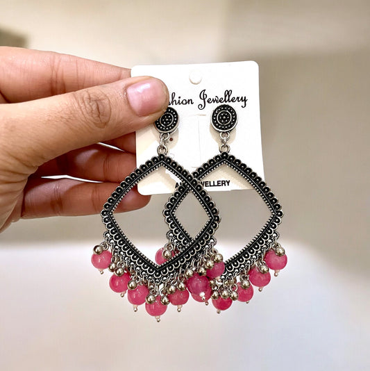 Silver Rhombus Oxidised Earring (Dark Pink Beads)