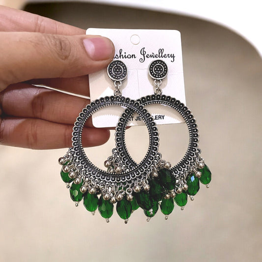 Silver Circle Oxidised Earring (Green Crystal Beads) For Resin Art