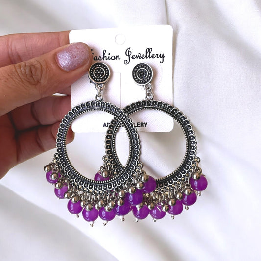 Silver Circle Oxidised Earring (Purple Beads) For Resin Art