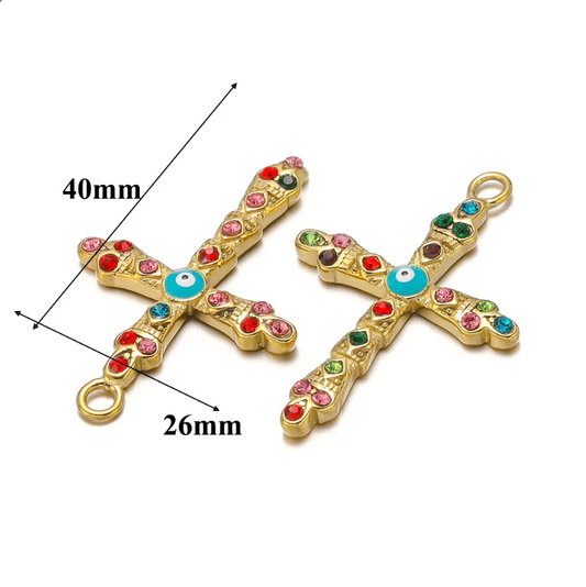 STF027 - Unique Stainless Steel Holy Cross with Multicolour Stone Charms Pendants (1pc) (Anti Tarnish)