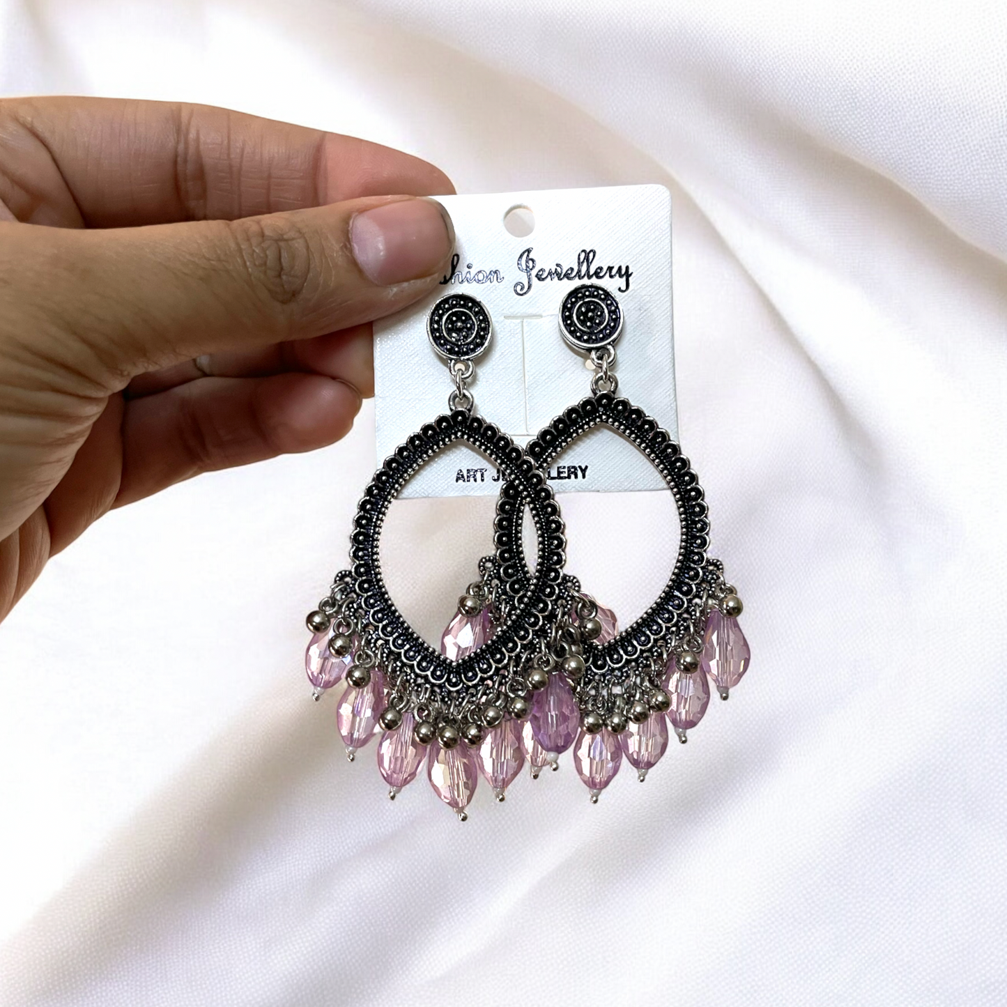 Silver Motif Oxidised Earring (Lilac Crystal Beads) For Resin Art