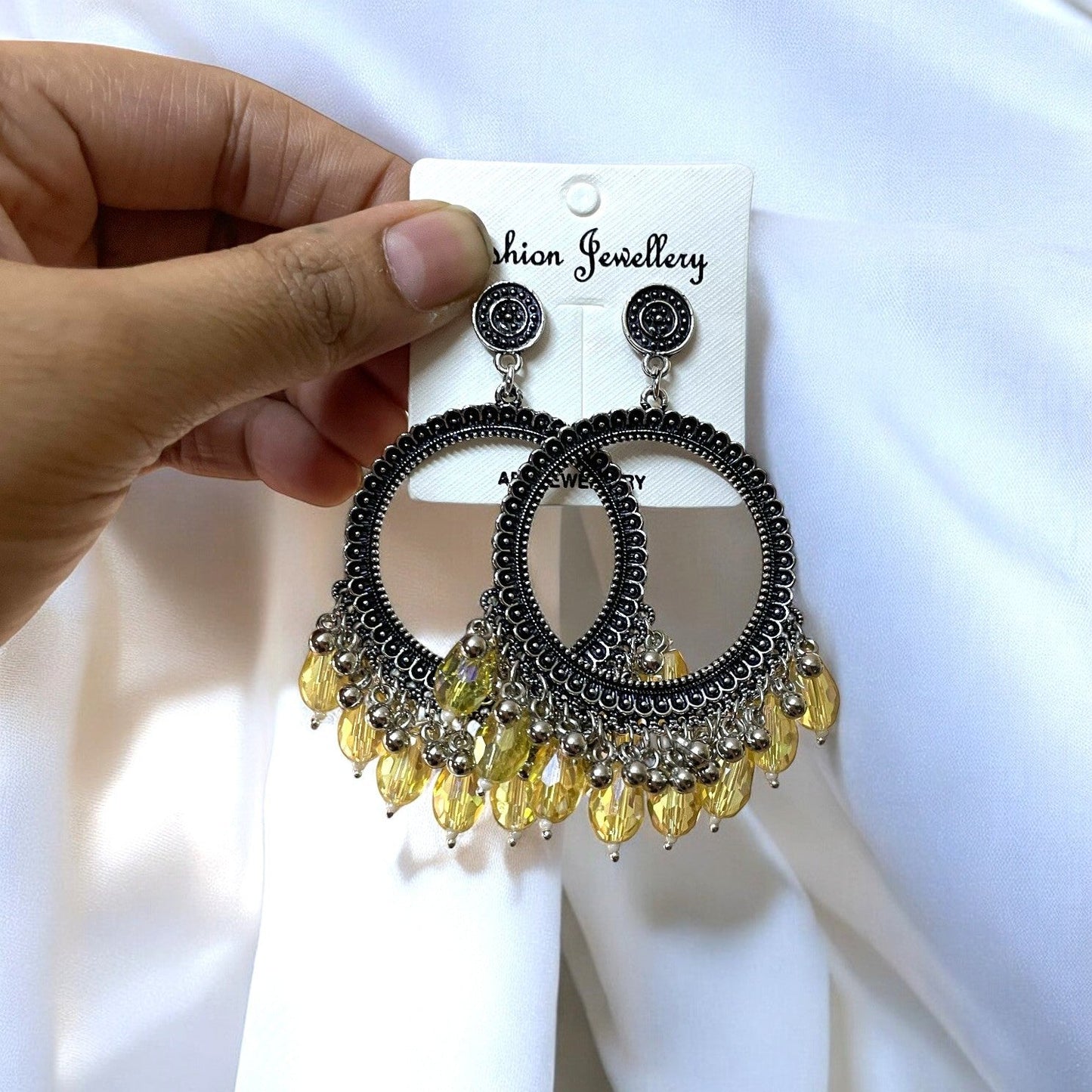 Silver Circle Oxidised Earring (Yellow Crystal Beads) For Resin Art