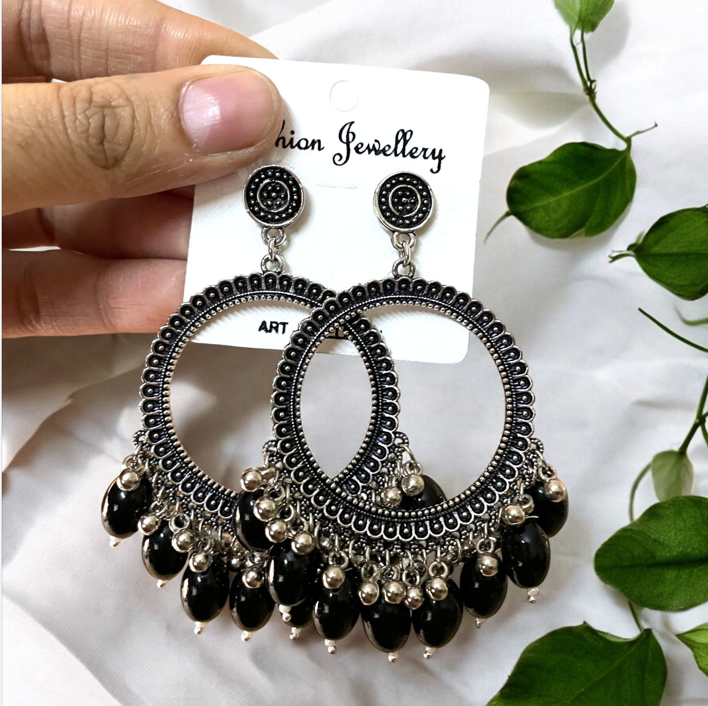 Silver Circle Oxidised Earring (Black Beads) For Resin Art