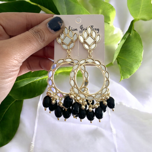 Black Glass Beads Light Gold Mirror Earring (Improved Version)