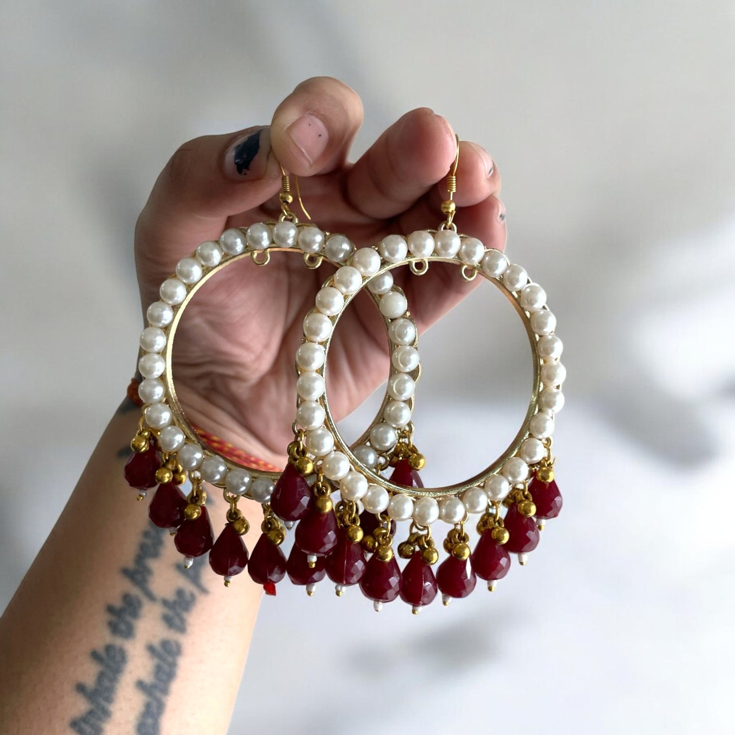 Pearl Golden Jhumka With Maroon Beads Earring Bezels For Resin Art