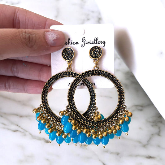 Golden Circle Oxidised Earring (Sky Blue Glass Beads) for Resin Art