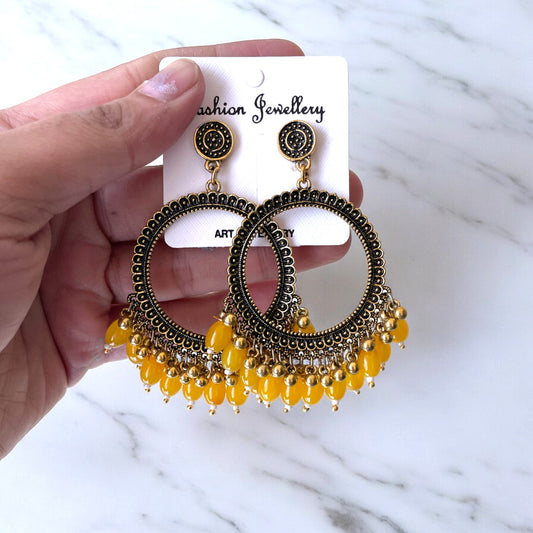 Golden Circle Oxidised Earring (Yellow Glass Beads) for Resin Art