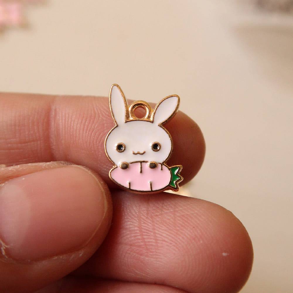 Bunny with Carrot Pink Enamel Charm - ClartStudios - Polymer clay Jewellery